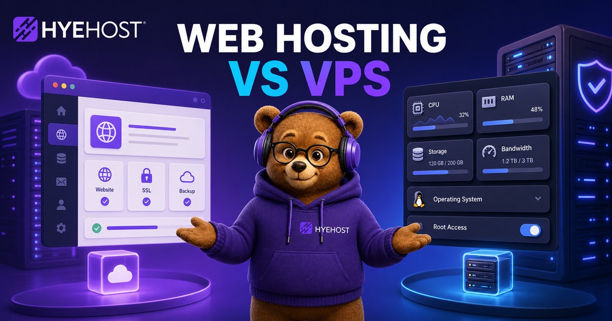 HYEHOST web hosting versus VPS guide showing website controls, SEO, security and server scaling paths